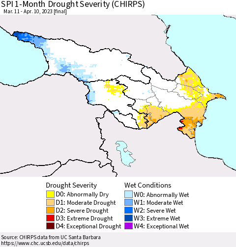 Azerbaijan, Armenia and Georgia SPI 1-Month Drought Severity (CHIRPS) Thematic Map For 3/11/2023 - 4/10/2023