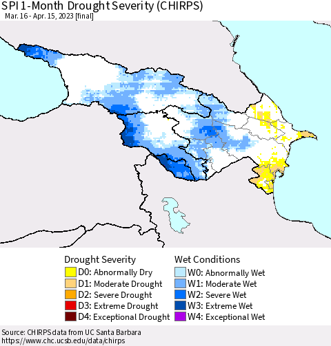 Azerbaijan, Armenia and Georgia SPI 1-Month Drought Severity (CHIRPS) Thematic Map For 3/16/2023 - 4/15/2023
