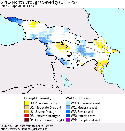 Azerbaijan, Armenia and Georgia SPI 1-Month Drought Severity (CHIRPS) Thematic Map For 3/21/2023 - 4/20/2023