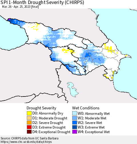 Azerbaijan, Armenia and Georgia SPI 1-Month Drought Severity (CHIRPS) Thematic Map For 3/26/2023 - 4/25/2023
