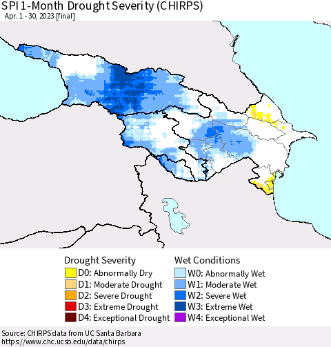 Azerbaijan, Armenia and Georgia SPI 1-Month Drought Severity (CHIRPS) Thematic Map For 4/1/2023 - 4/30/2023
