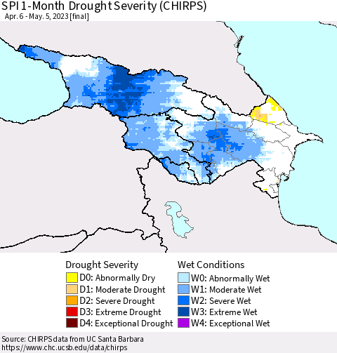 Azerbaijan, Armenia and Georgia SPI 1-Month Drought Severity (CHIRPS) Thematic Map For 4/6/2023 - 5/5/2023