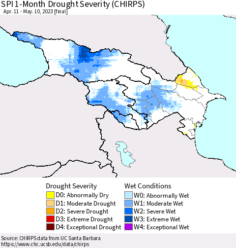 Azerbaijan, Armenia and Georgia SPI 1-Month Drought Severity (CHIRPS) Thematic Map For 4/11/2023 - 5/10/2023
