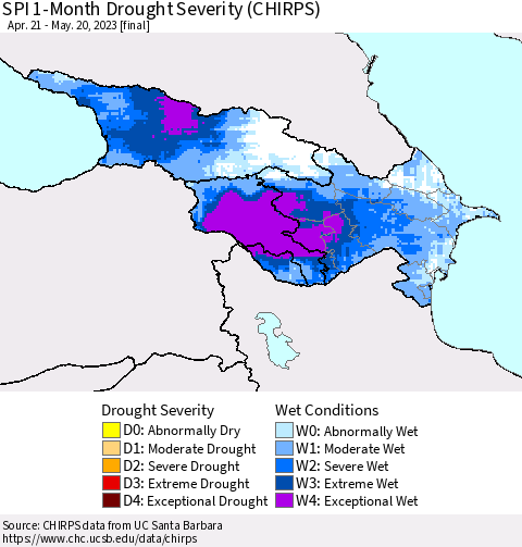 Azerbaijan, Armenia and Georgia SPI 1-Month Drought Severity (CHIRPS) Thematic Map For 4/21/2023 - 5/20/2023