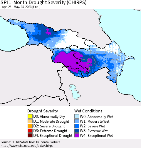 Azerbaijan, Armenia and Georgia SPI 1-Month Drought Severity (CHIRPS) Thematic Map For 4/26/2023 - 5/25/2023