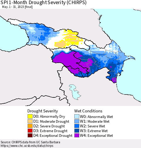 Azerbaijan, Armenia and Georgia SPI 1-Month Drought Severity (CHIRPS) Thematic Map For 5/1/2023 - 5/31/2023