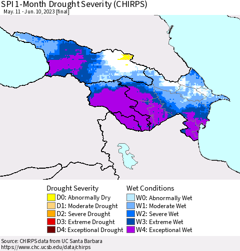 Azerbaijan, Armenia and Georgia SPI 1-Month Drought Severity (CHIRPS) Thematic Map For 5/11/2023 - 6/10/2023
