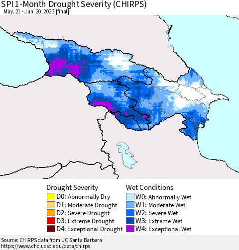 Azerbaijan, Armenia and Georgia SPI 1-Month Drought Severity (CHIRPS) Thematic Map For 5/21/2023 - 6/20/2023