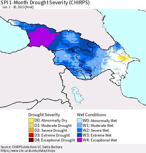 Azerbaijan, Armenia and Georgia SPI 1-Month Drought Severity (CHIRPS) Thematic Map For 6/1/2023 - 6/30/2023