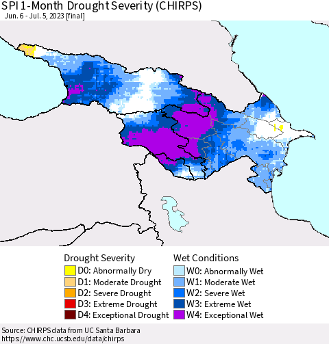 Azerbaijan, Armenia and Georgia SPI 1-Month Drought Severity (CHIRPS) Thematic Map For 6/6/2023 - 7/5/2023
