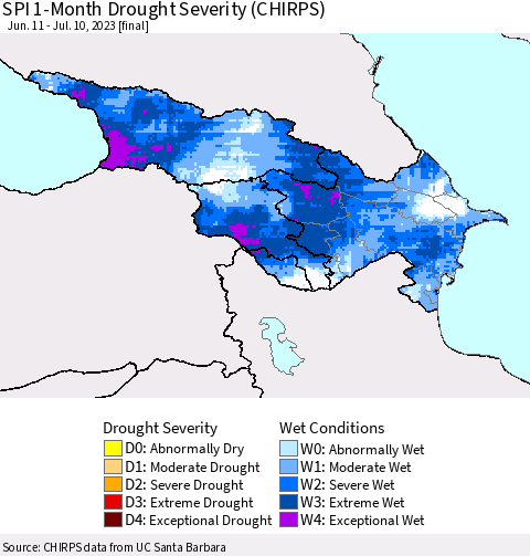 Azerbaijan, Armenia and Georgia SPI 1-Month Drought Severity (CHIRPS) Thematic Map For 6/11/2023 - 7/10/2023