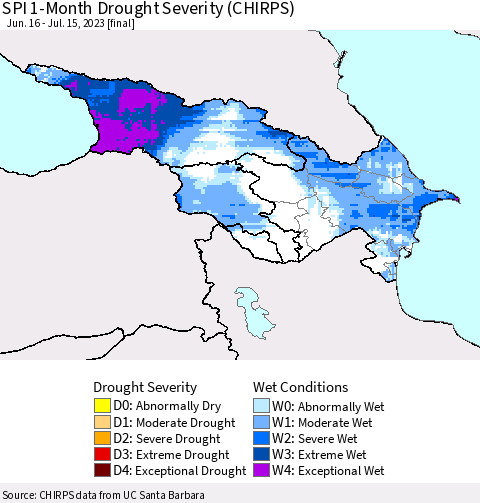 Azerbaijan, Armenia and Georgia SPI 1-Month Drought Severity (CHIRPS) Thematic Map For 6/16/2023 - 7/15/2023