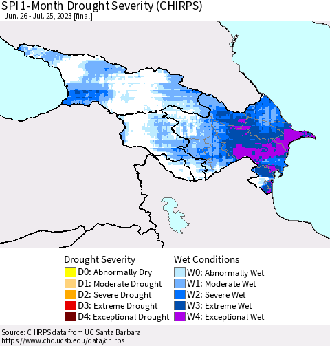 Azerbaijan, Armenia and Georgia SPI 1-Month Drought Severity (CHIRPS) Thematic Map For 6/26/2023 - 7/25/2023
