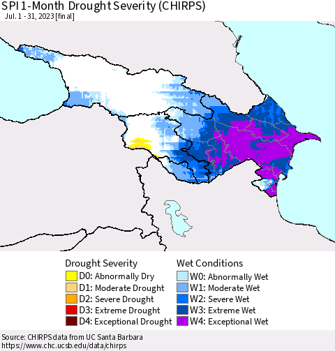 Azerbaijan, Armenia and Georgia SPI 1-Month Drought Severity (CHIRPS) Thematic Map For 7/1/2023 - 7/31/2023