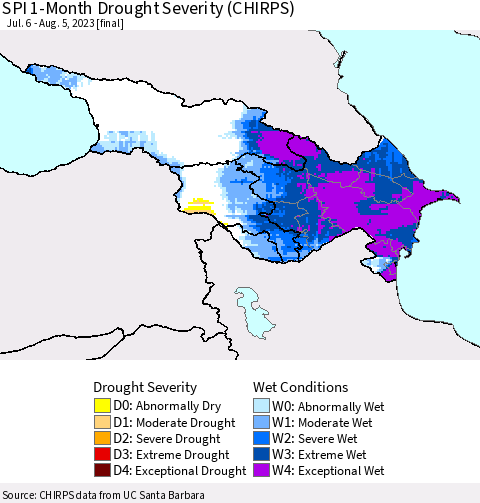 Azerbaijan, Armenia and Georgia SPI 1-Month Drought Severity (CHIRPS) Thematic Map For 7/6/2023 - 8/5/2023