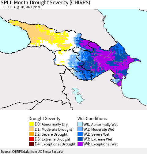 Azerbaijan, Armenia and Georgia SPI 1-Month Drought Severity (CHIRPS) Thematic Map For 7/11/2023 - 8/10/2023