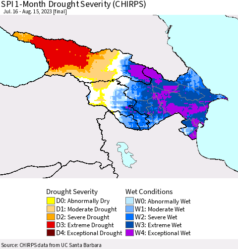 Azerbaijan, Armenia and Georgia SPI 1-Month Drought Severity (CHIRPS) Thematic Map For 7/16/2023 - 8/15/2023