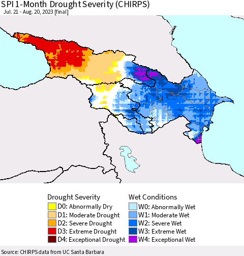 Azerbaijan, Armenia and Georgia SPI 1-Month Drought Severity (CHIRPS) Thematic Map For 7/21/2023 - 8/20/2023