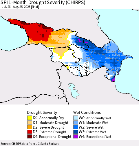 Azerbaijan, Armenia and Georgia SPI 1-Month Drought Severity (CHIRPS) Thematic Map For 7/26/2023 - 8/25/2023