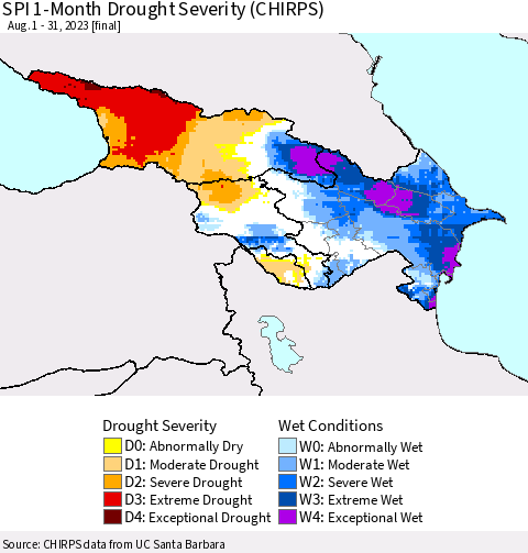 Azerbaijan, Armenia and Georgia SPI 1-Month Drought Severity (CHIRPS) Thematic Map For 8/1/2023 - 8/31/2023