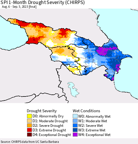 Azerbaijan, Armenia and Georgia SPI 1-Month Drought Severity (CHIRPS) Thematic Map For 8/6/2023 - 9/5/2023