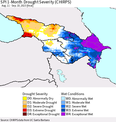 Azerbaijan, Armenia and Georgia SPI 1-Month Drought Severity (CHIRPS) Thematic Map For 8/11/2023 - 9/10/2023