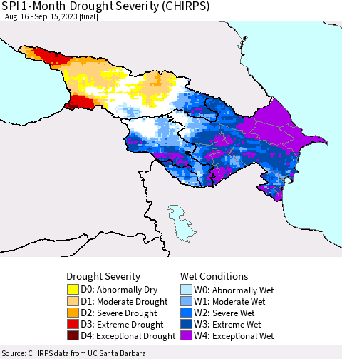 Azerbaijan, Armenia and Georgia SPI 1-Month Drought Severity (CHIRPS) Thematic Map For 8/16/2023 - 9/15/2023