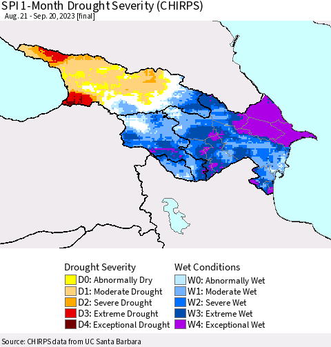 Azerbaijan, Armenia and Georgia SPI 1-Month Drought Severity (CHIRPS) Thematic Map For 8/21/2023 - 9/20/2023