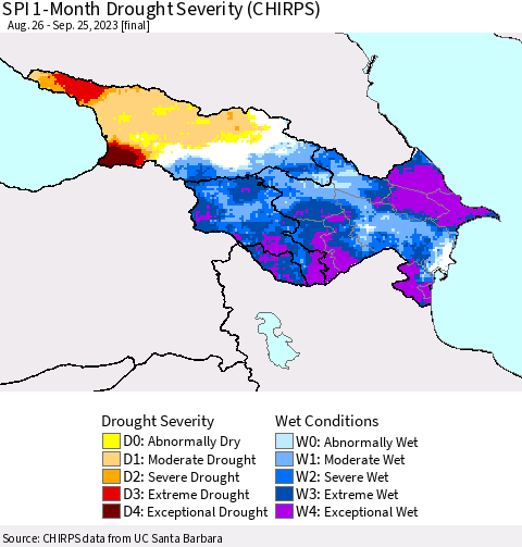 Azerbaijan, Armenia and Georgia SPI 1-Month Drought Severity (CHIRPS) Thematic Map For 8/26/2023 - 9/25/2023