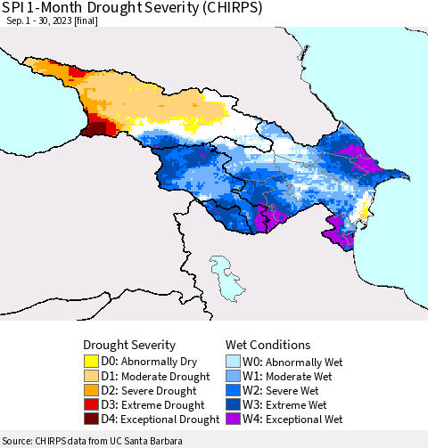 Azerbaijan, Armenia and Georgia SPI 1-Month Drought Severity (CHIRPS) Thematic Map For 9/1/2023 - 9/30/2023