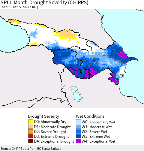 Azerbaijan, Armenia and Georgia SPI 1-Month Drought Severity (CHIRPS) Thematic Map For 9/6/2023 - 10/5/2023