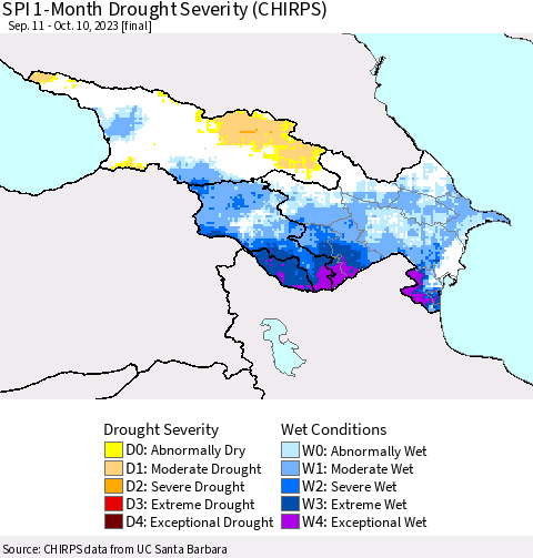 Azerbaijan, Armenia and Georgia SPI 1-Month Drought Severity (CHIRPS) Thematic Map For 9/11/2023 - 10/10/2023