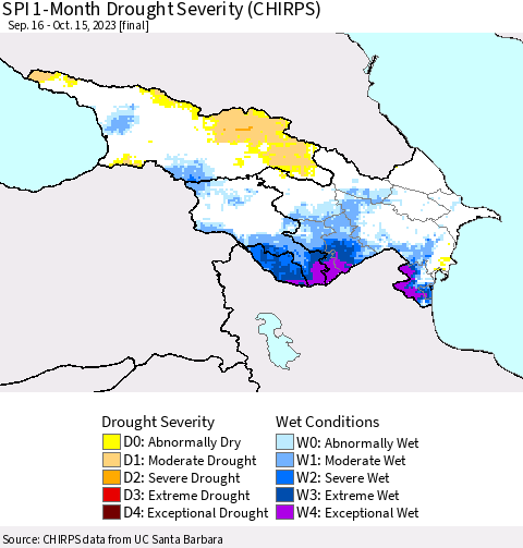 Azerbaijan, Armenia and Georgia SPI 1-Month Drought Severity (CHIRPS) Thematic Map For 9/16/2023 - 10/15/2023