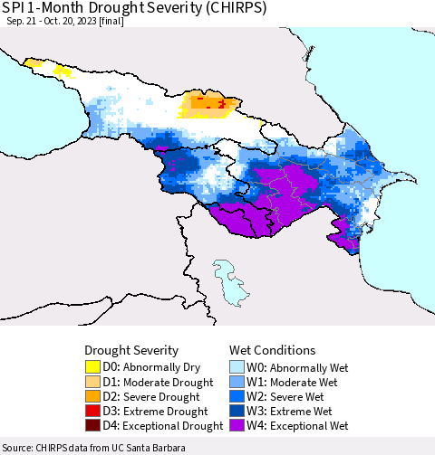 Azerbaijan, Armenia and Georgia SPI 1-Month Drought Severity (CHIRPS) Thematic Map For 9/21/2023 - 10/20/2023