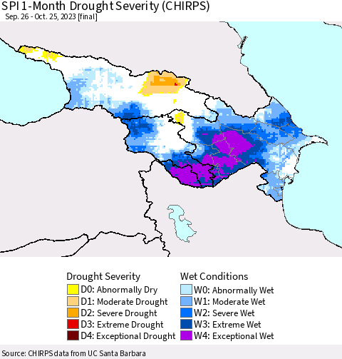 Azerbaijan, Armenia and Georgia SPI 1-Month Drought Severity (CHIRPS) Thematic Map For 9/26/2023 - 10/25/2023