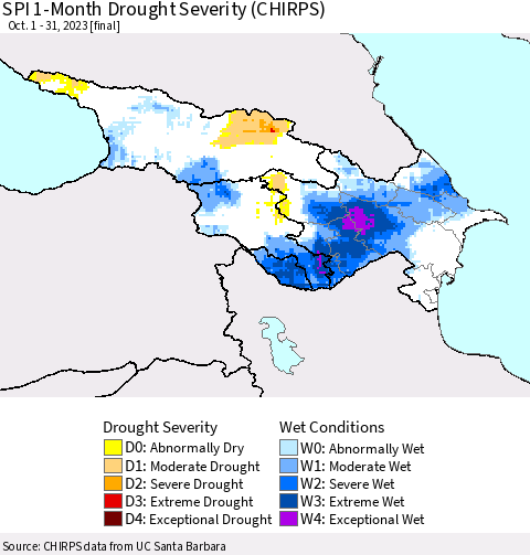 Azerbaijan, Armenia and Georgia SPI 1-Month Drought Severity (CHIRPS) Thematic Map For 10/1/2023 - 10/31/2023