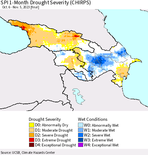 Azerbaijan, Armenia and Georgia SPI 1-Month Drought Severity (CHIRPS) Thematic Map For 10/6/2023 - 11/5/2023