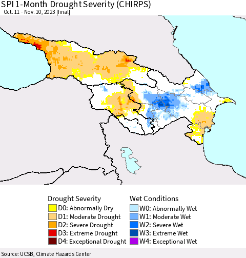 Azerbaijan, Armenia and Georgia SPI 1-Month Drought Severity (CHIRPS) Thematic Map For 10/11/2023 - 11/10/2023