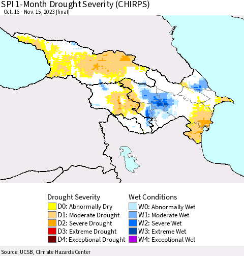 Azerbaijan, Armenia and Georgia SPI 1-Month Drought Severity (CHIRPS) Thematic Map For 10/16/2023 - 11/15/2023