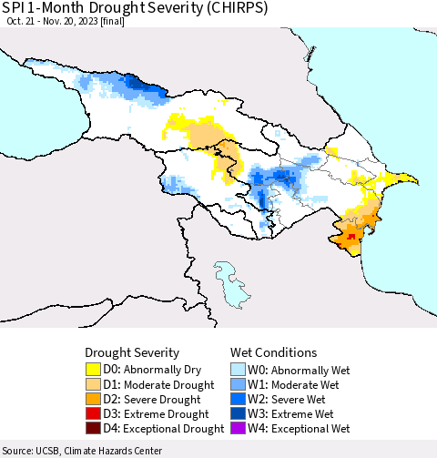 Azerbaijan, Armenia and Georgia SPI 1-Month Drought Severity (CHIRPS) Thematic Map For 10/21/2023 - 11/20/2023