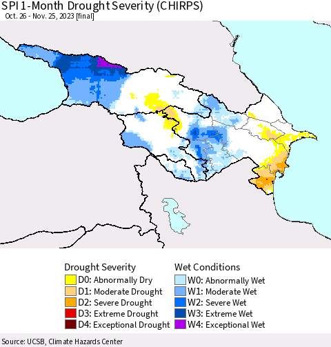 Azerbaijan, Armenia and Georgia SPI 1-Month Drought Severity (CHIRPS) Thematic Map For 10/26/2023 - 11/25/2023