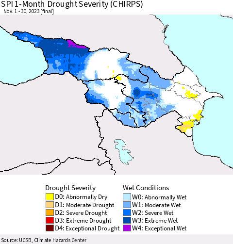Azerbaijan, Armenia and Georgia SPI 1-Month Drought Severity (CHIRPS) Thematic Map For 11/1/2023 - 11/30/2023