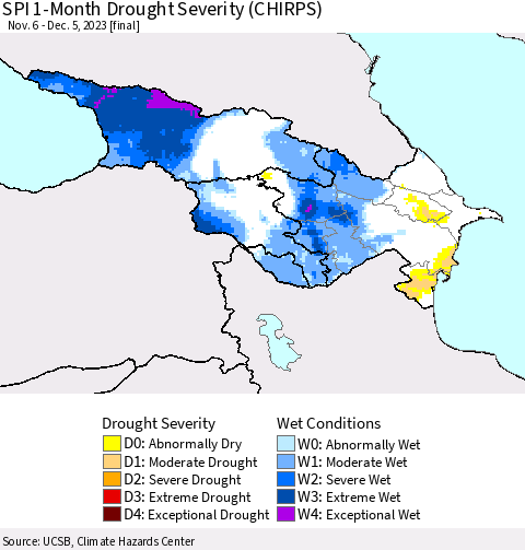 Azerbaijan, Armenia and Georgia SPI 1-Month Drought Severity (CHIRPS) Thematic Map For 11/6/2023 - 12/5/2023