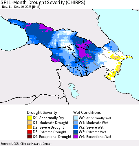 Azerbaijan, Armenia and Georgia SPI 1-Month Drought Severity (CHIRPS) Thematic Map For 11/11/2023 - 12/10/2023