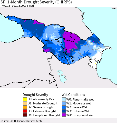 Azerbaijan, Armenia and Georgia SPI 1-Month Drought Severity (CHIRPS) Thematic Map For 11/16/2023 - 12/15/2023