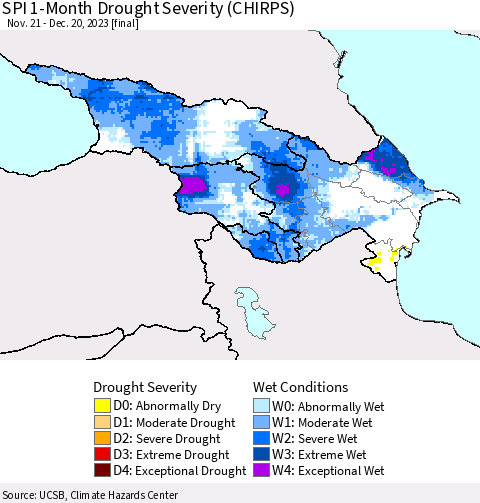 Azerbaijan, Armenia and Georgia SPI 1-Month Drought Severity (CHIRPS) Thematic Map For 11/21/2023 - 12/20/2023
