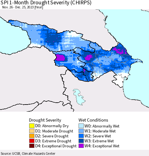 Azerbaijan, Armenia and Georgia SPI 1-Month Drought Severity (CHIRPS) Thematic Map For 11/26/2023 - 12/25/2023