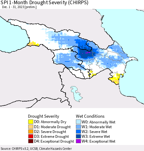 Azerbaijan, Armenia and Georgia SPI 1-Month Drought Severity (CHIRPS) Thematic Map For 12/1/2023 - 12/31/2023