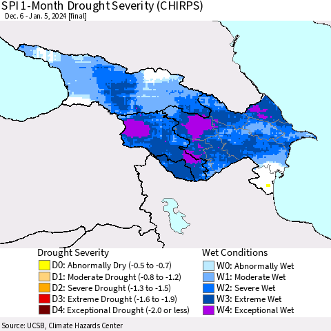 Azerbaijan, Armenia and Georgia SPI 1-Month Drought Severity (CHIRPS) Thematic Map For 12/6/2023 - 1/5/2024