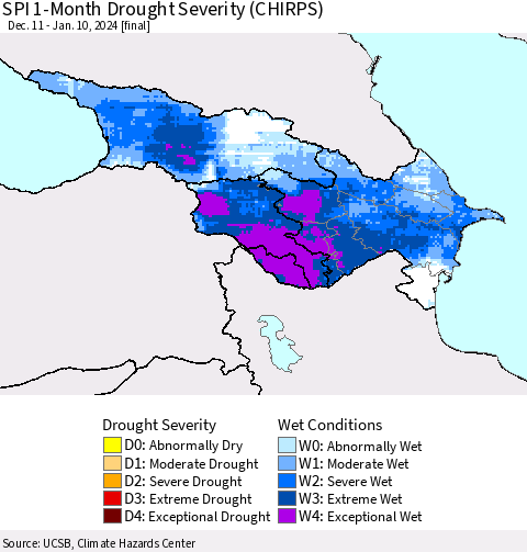 Azerbaijan, Armenia and Georgia SPI 1-Month Drought Severity (CHIRPS) Thematic Map For 12/11/2023 - 1/10/2024